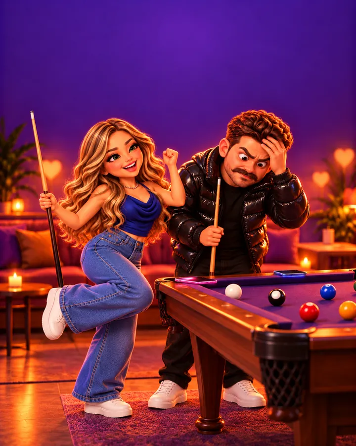 Noite de sinuca do casal: a Myllena comemorando e o Lucas tentando entender o que aconteceu 🎱💕