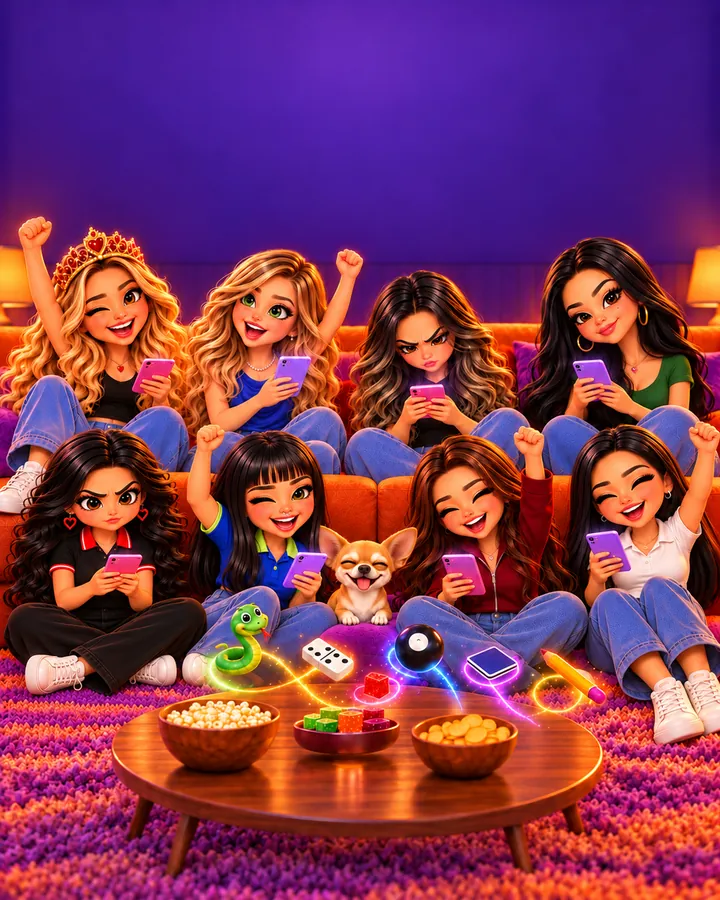 As meninas da POP reunidas: cada uma num jogo, e o Embaixador no meio de tudo 💜
