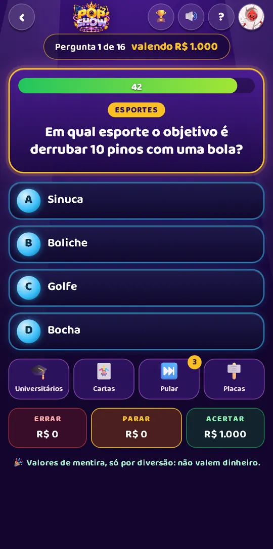 Tela do Pop Show no celular